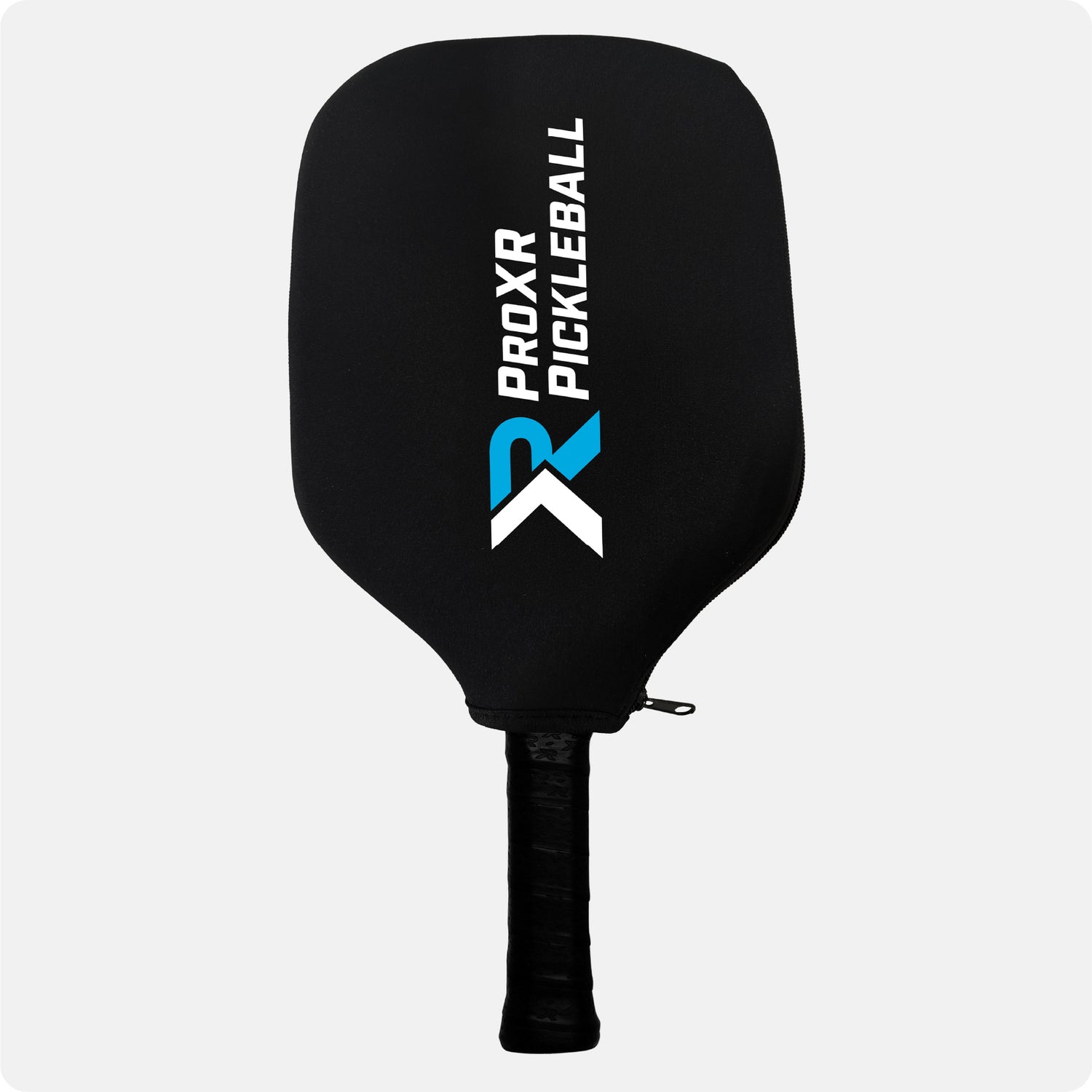 black pickleball paddle cover with blue and white ProXR Pickleball logo on a pickleball paddle