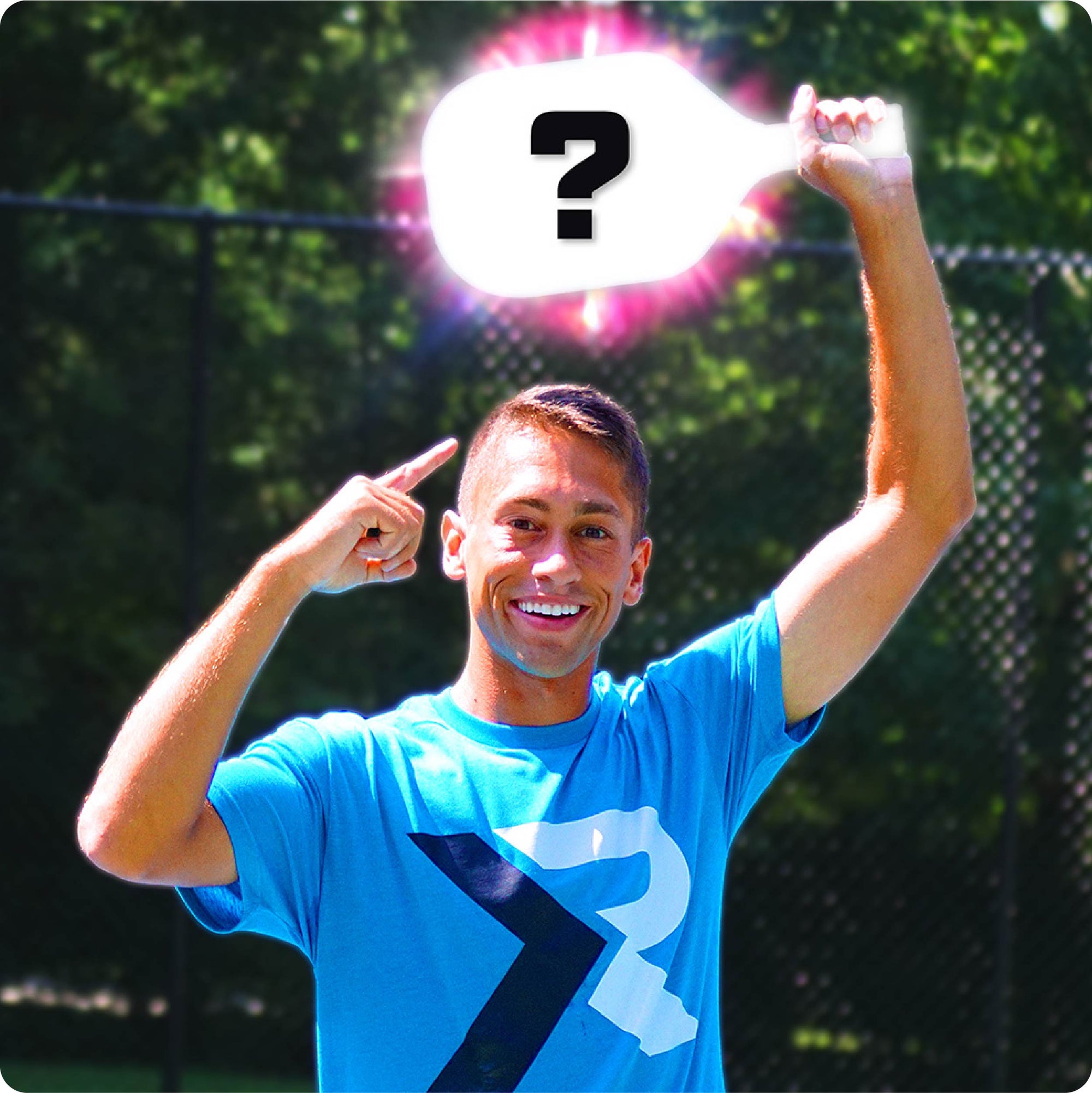 Zane Navratil holding a pickleball paddle with a question mark in front of a court backgroundmain